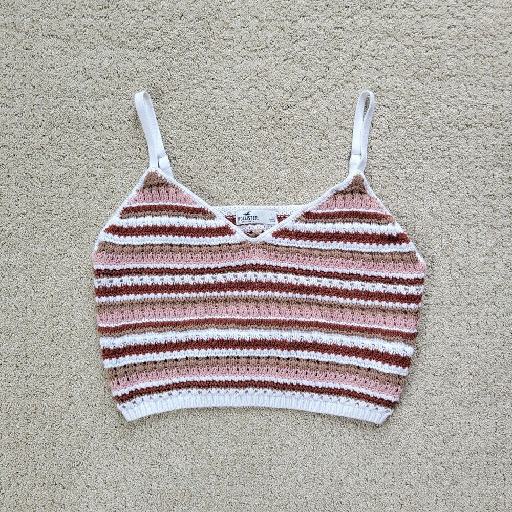 Hollister Women’s L Crop Tank Top Boho Striped Crochet Summer Festival Preppy